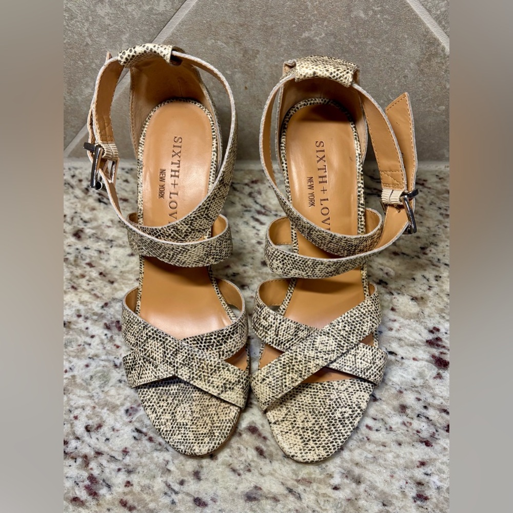 SIXTH + LOVE SNAKE PRINT LEATHER HEELS SIZE 7